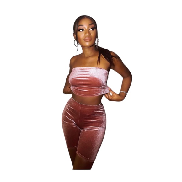 New Fashion Nova | mauve pink velour 2 piece set coord set tube top biker shorts - Picture 2 of 10